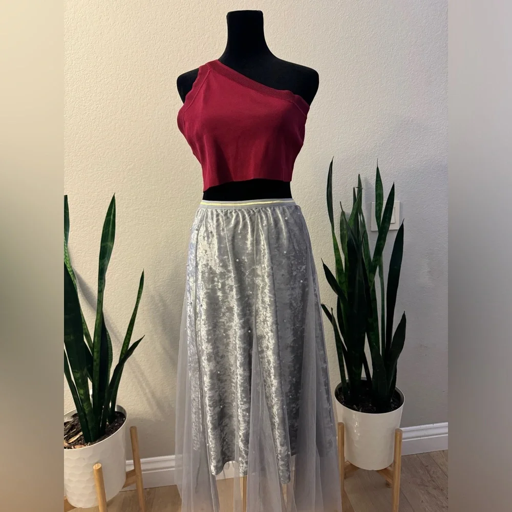 ANTHROPOLOGIE RAGA SKIRT 1X GRAY TULLE LAYERED A-LINE VELVET MESH PEARL‎ PLUS